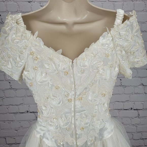 VTG Bonny Ivory Lace Beaded Embroidered Bodice Tulle Skirt Wedding Gown Dress 10 - Picture 10 of 16